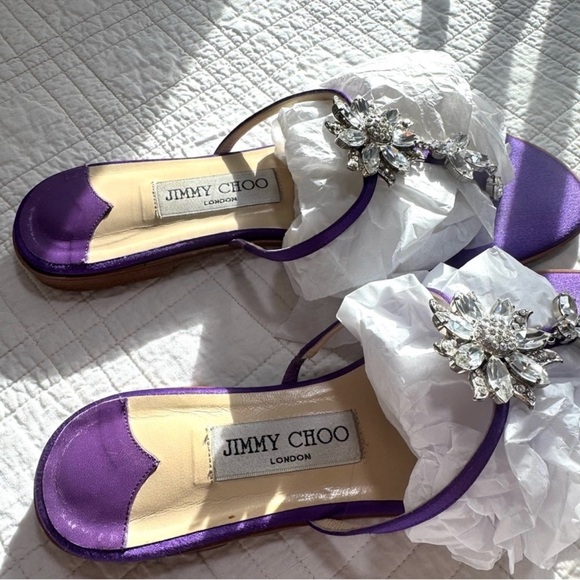 Jimmy Choo Violet Satin Sandals with Rhinestone Encrusted Flowers - Picture 2 of 4